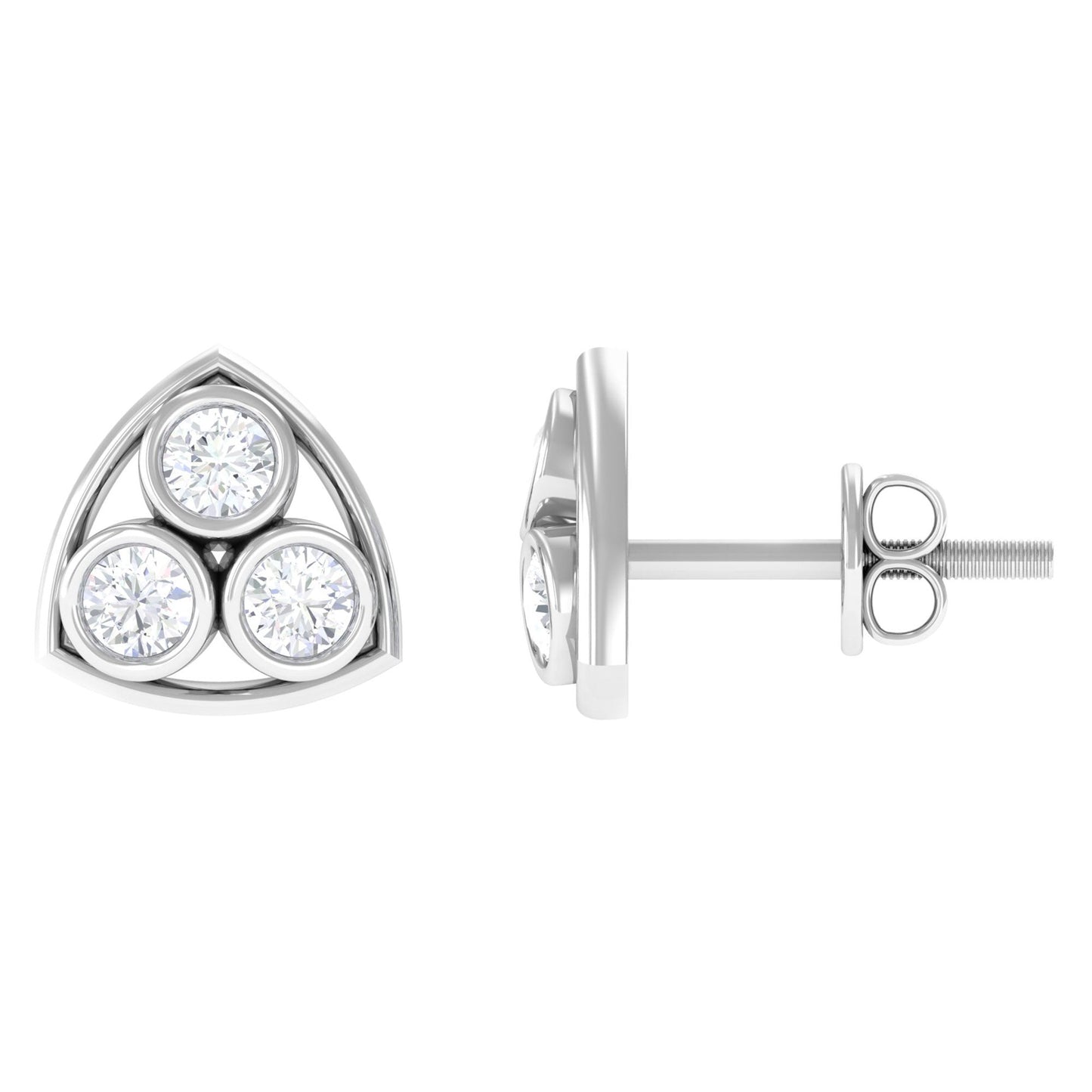 Bezel Set 0.5 Carat Round Diamond Three Stone Stud Earrings