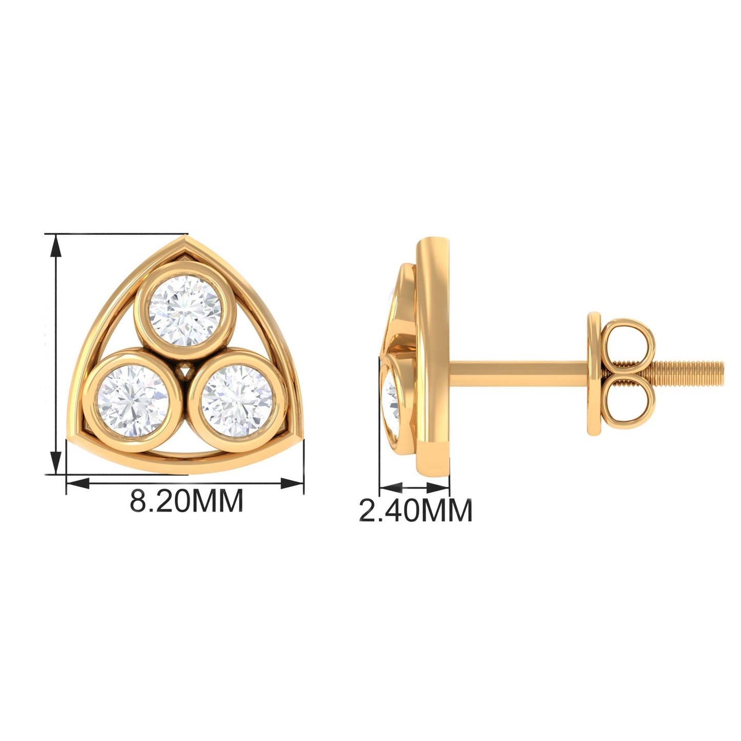 Bezel Set 0.5 Carat Round Diamond Three Stone Stud Earrings