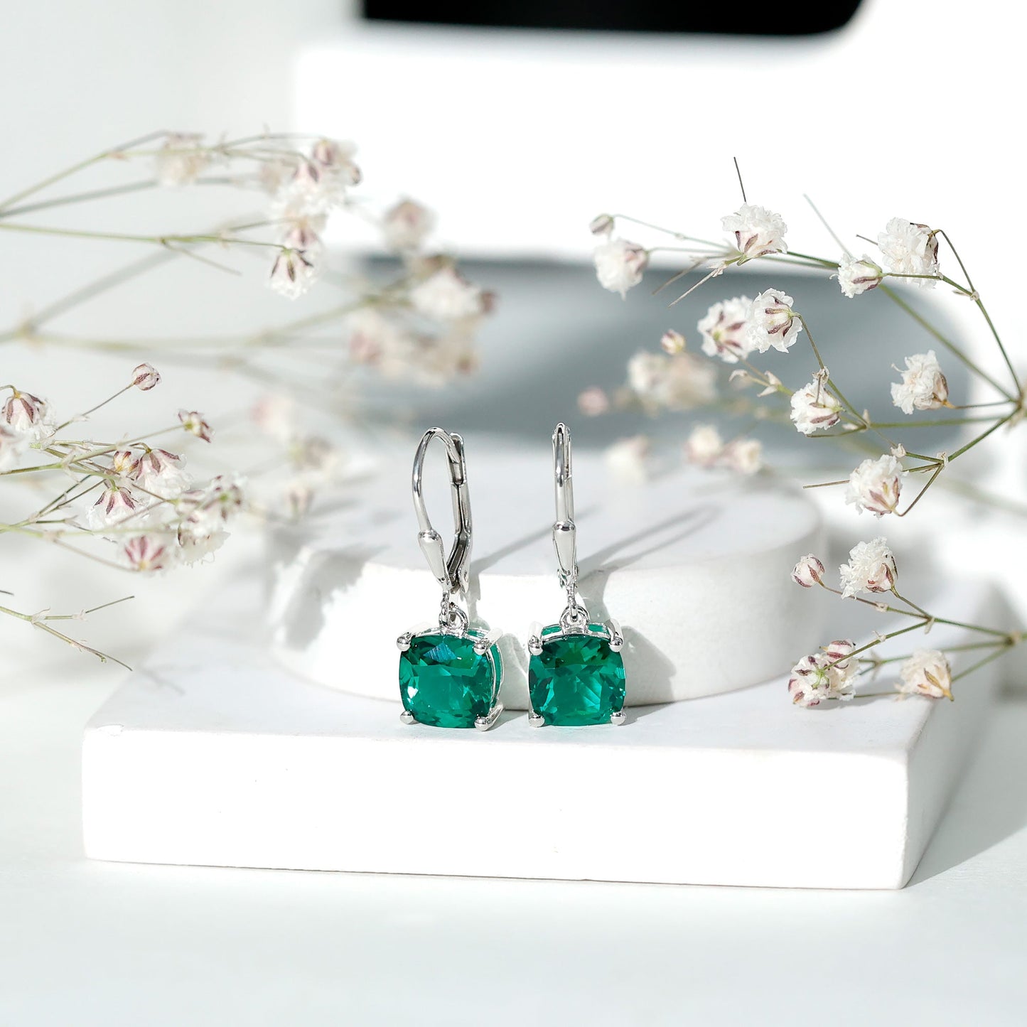 4 Carat Cushion Cut Lab Grown Emerald Drop Earrings
