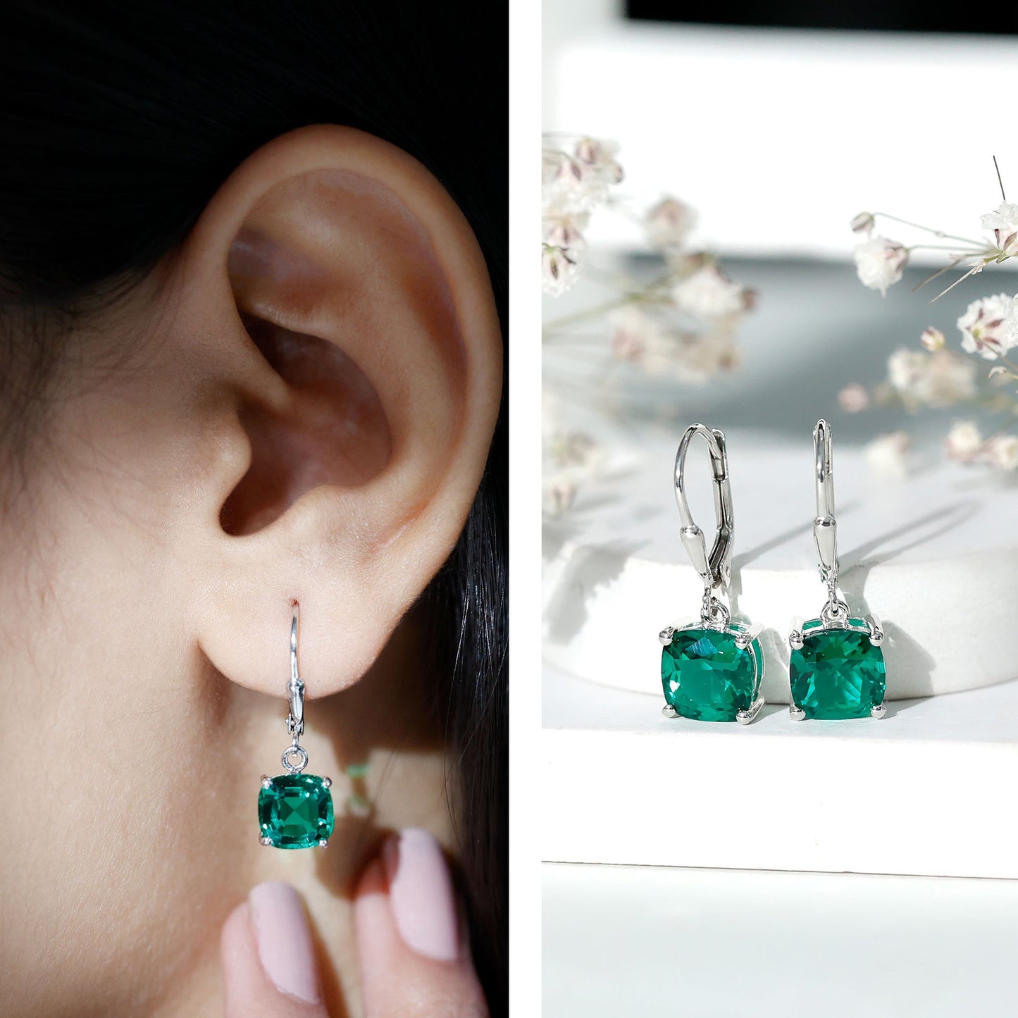 4 Carat Cushion Cut Lab Grown Emerald Drop Earrings