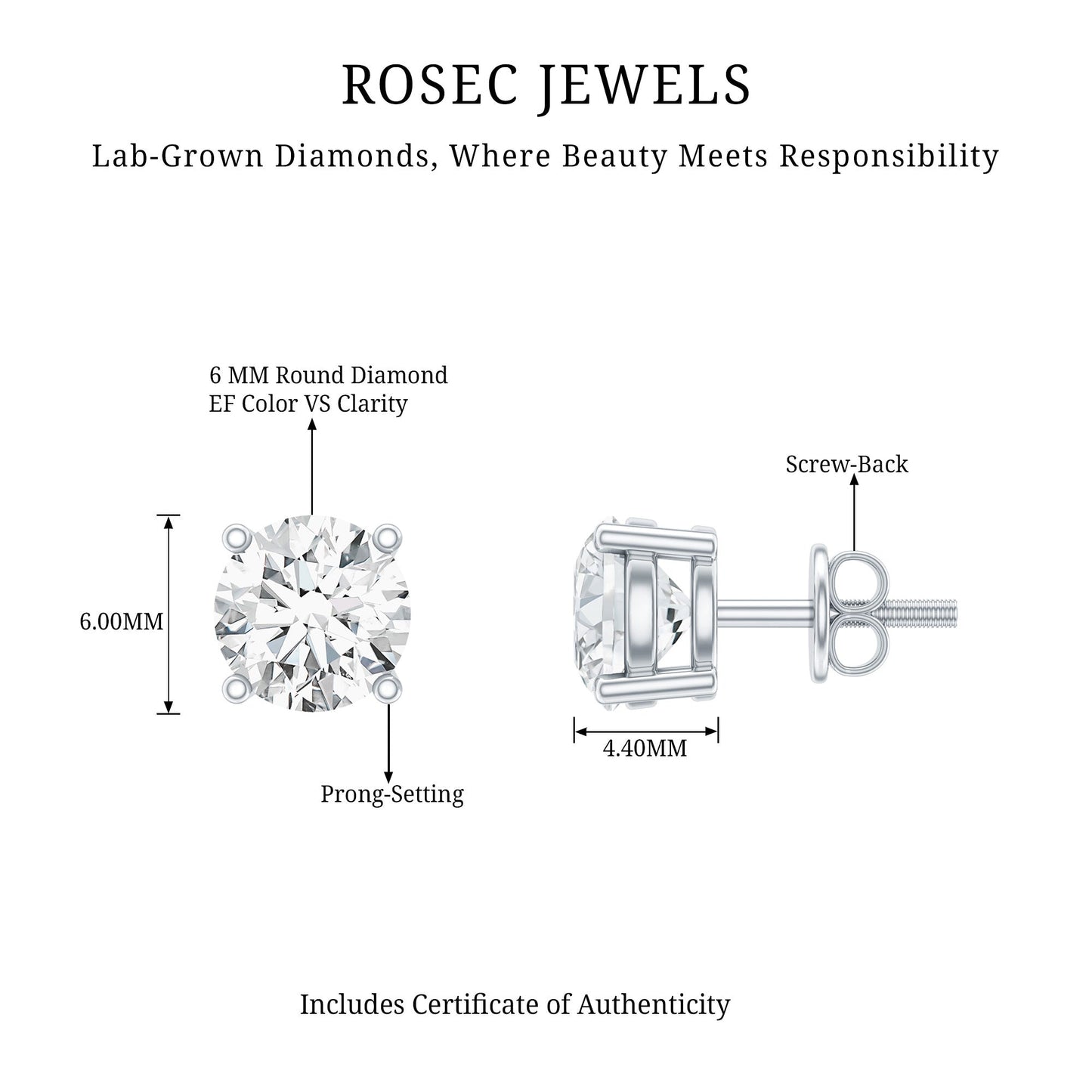 Solitaire 2 CT Lab Grown Diamond Stud Earrings with Screw Back