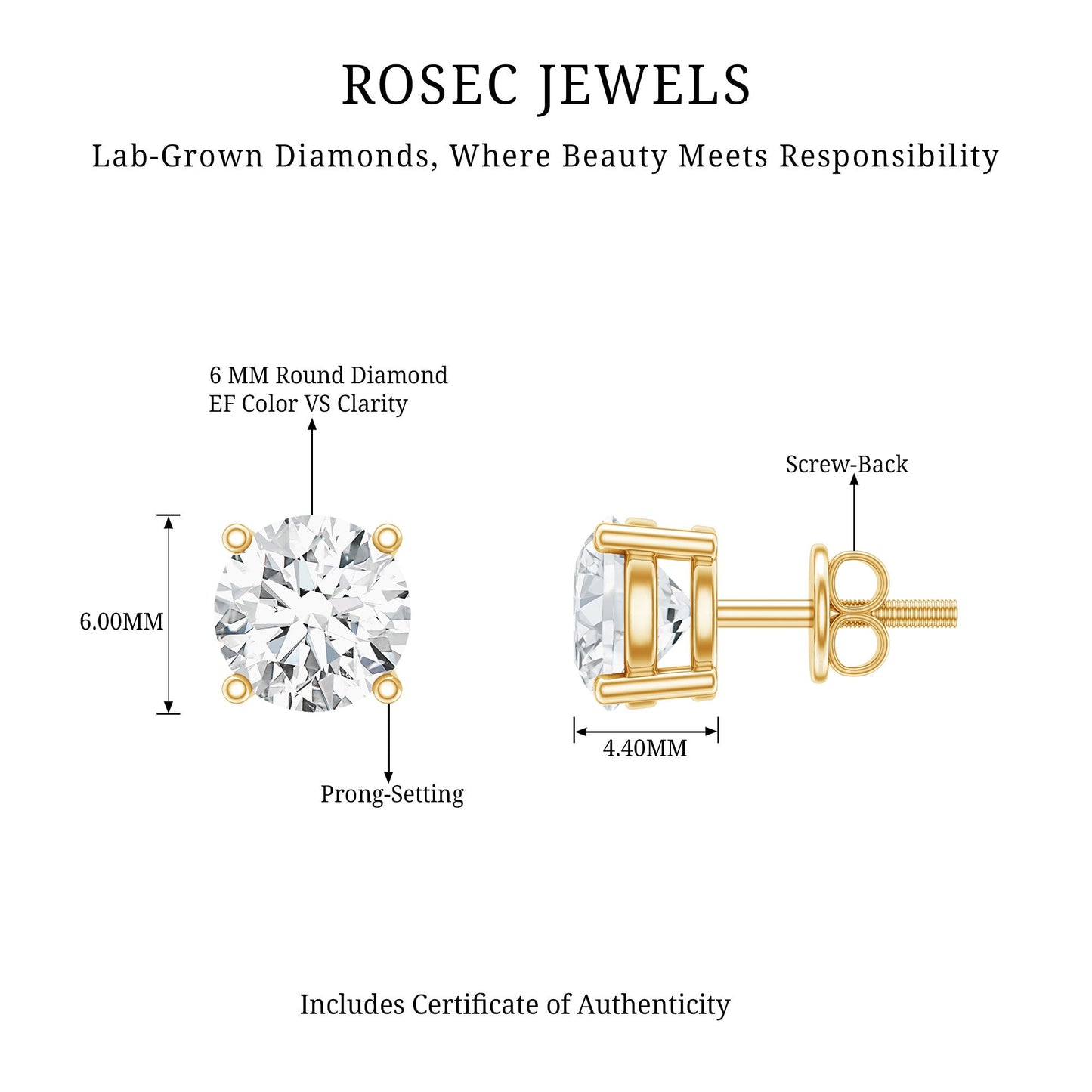 Solitaire 2 CT Lab Grown Diamond Stud Earrings with Screw Back