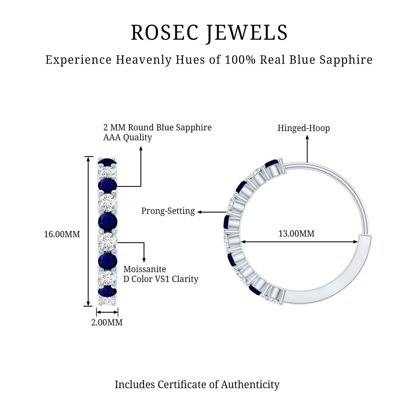 Genuine Blue Sapphire Hoop Earrings with Certificate