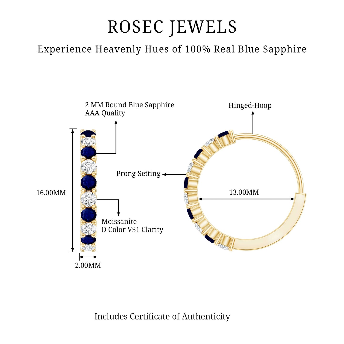 Genuine Blue Sapphire Hoop Earrings with Certificate