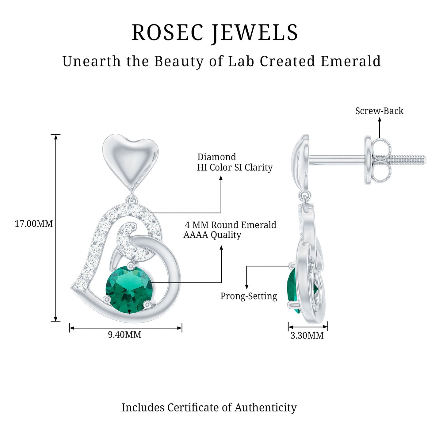 Lab Created Emerald Heart Drop Earrings with Diamonds