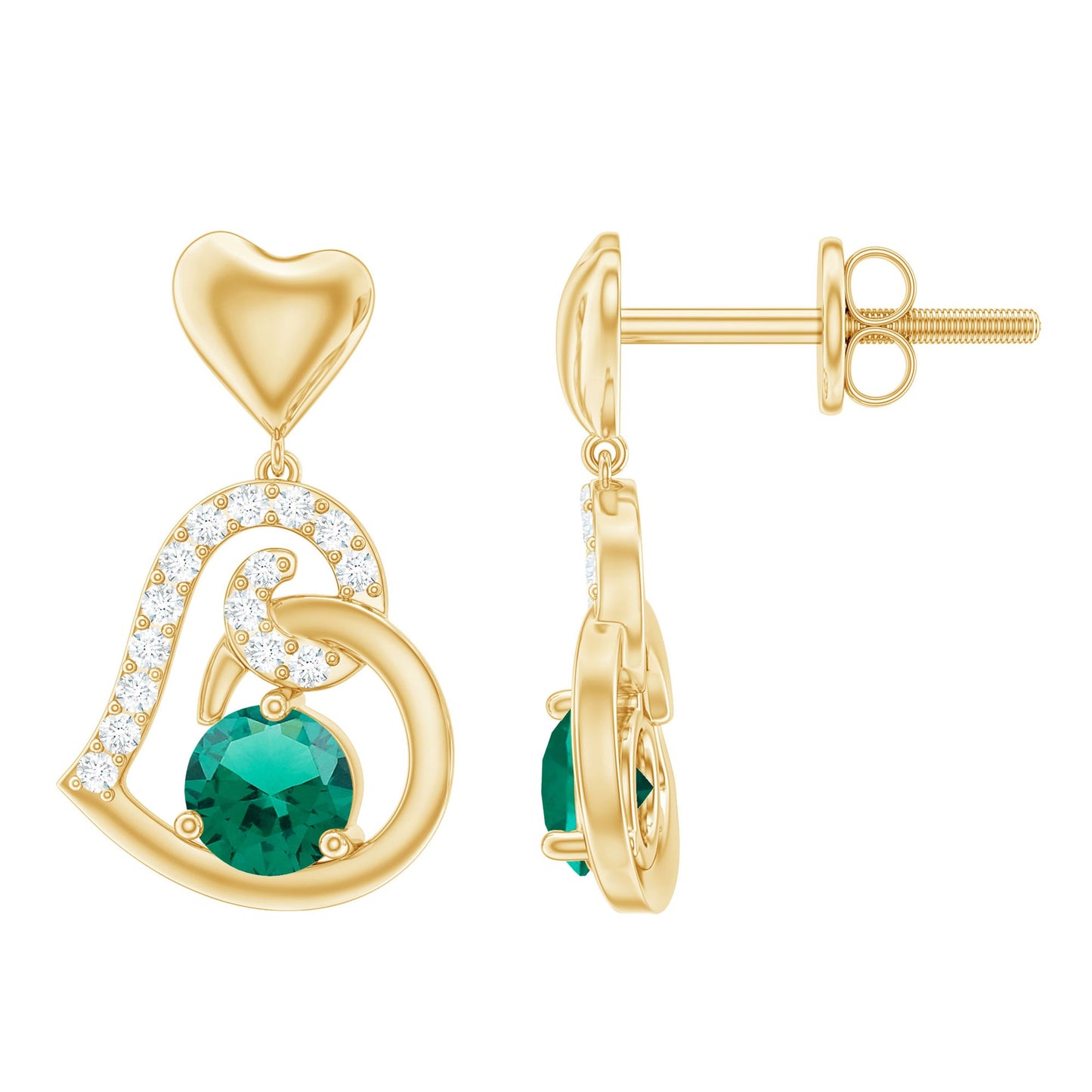 Lab Created Emerald Heart Drop Earrings with Diamonds