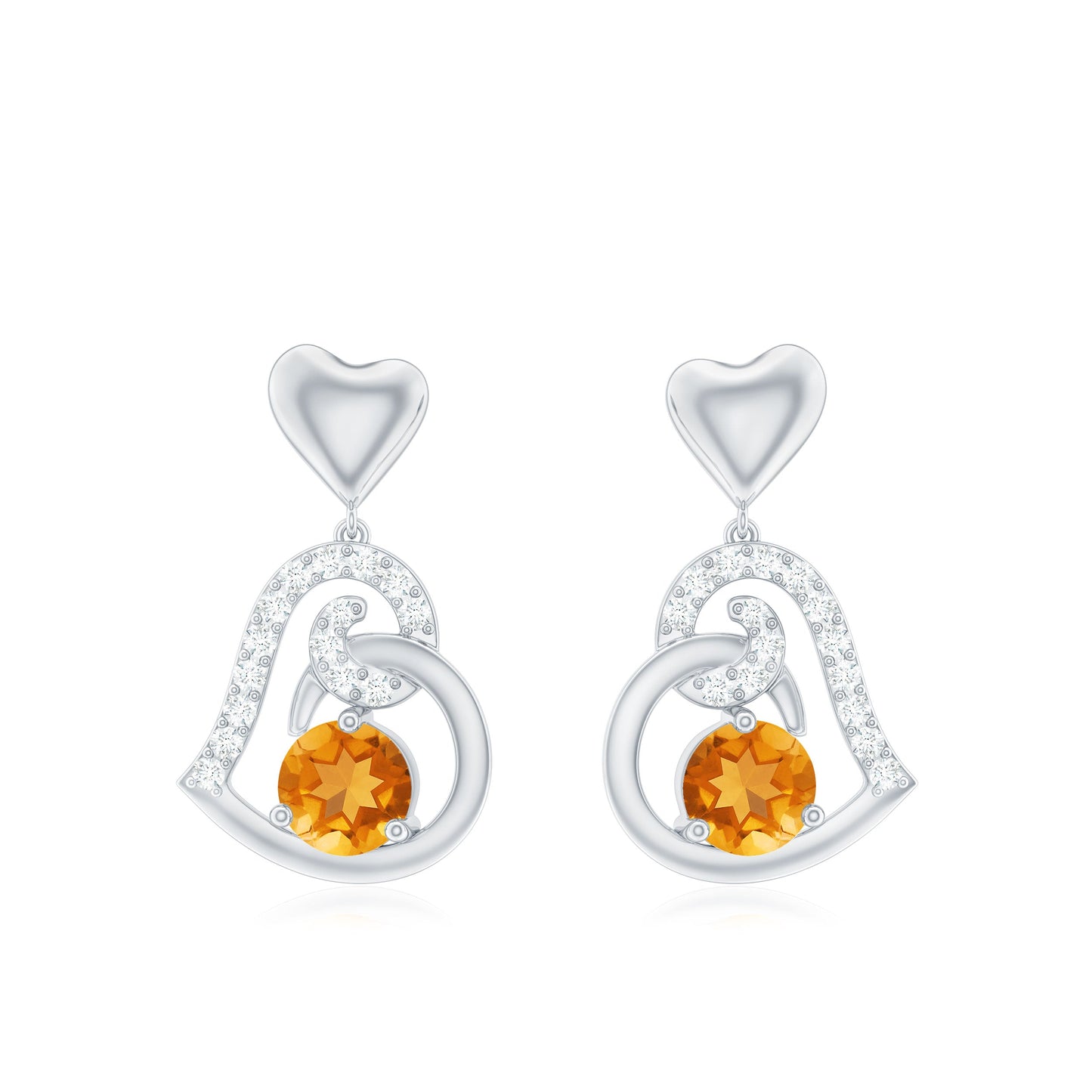 Round Citrine and Moissanite Accent Heart Drop Earring