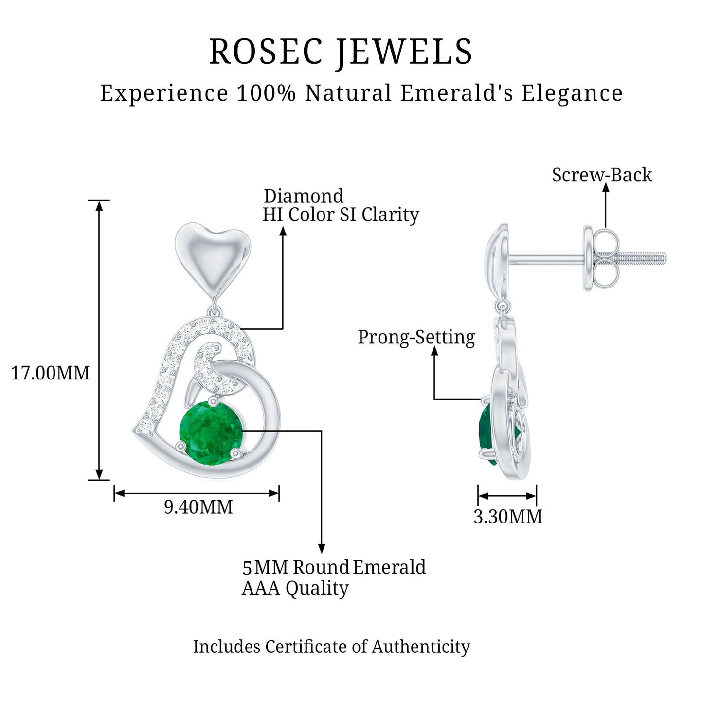 1 Carat Round Emerald and Diamond Heart Drop Earrings