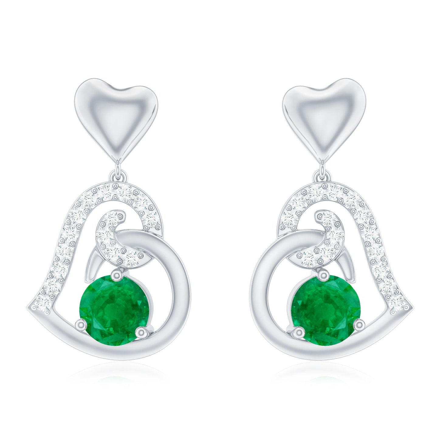 1 Carat Round Emerald and Diamond Heart Drop Earrings
