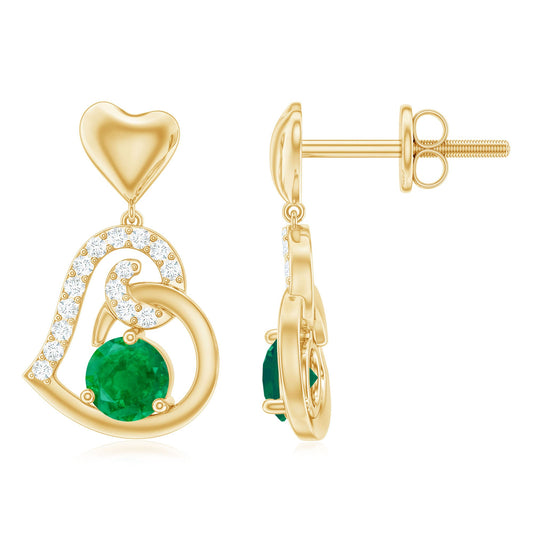 1 Carat Round Emerald and Diamond Heart Drop Earrings