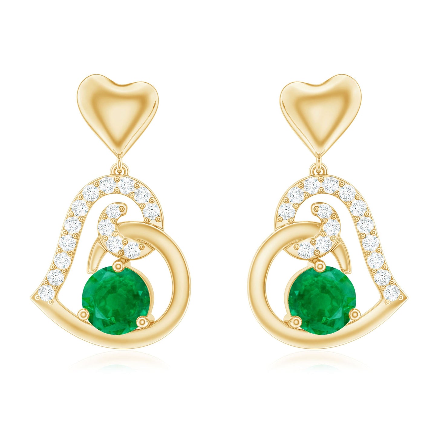 1 Carat Round Emerald and Diamond Heart Drop Earrings