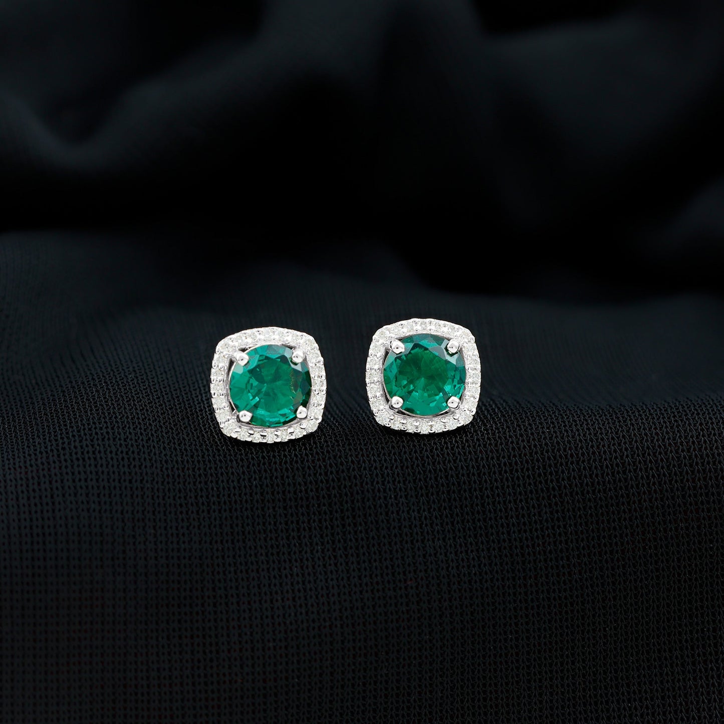 6 MM Lab Grown Emerald Stud Earrings with Diamond Halo