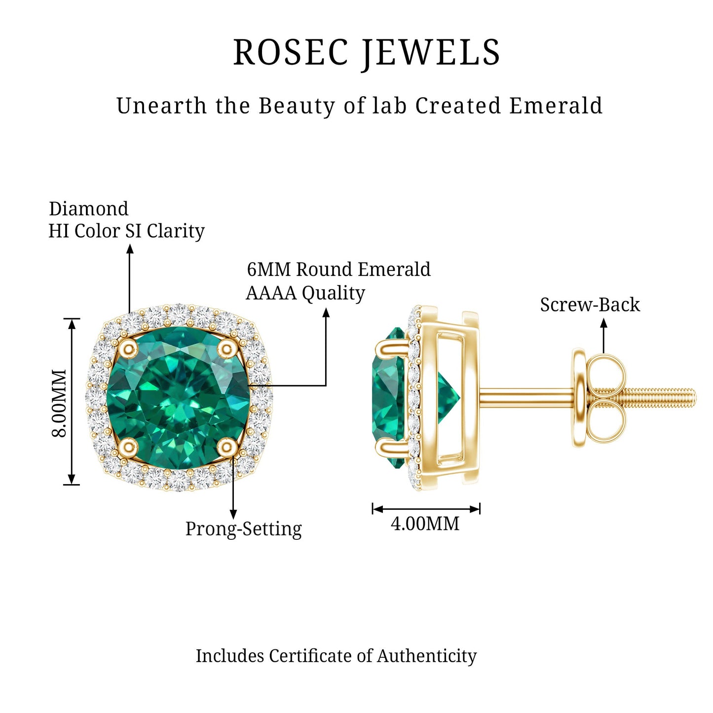 6 MM Lab Grown Emerald Stud Earrings with Diamond Halo