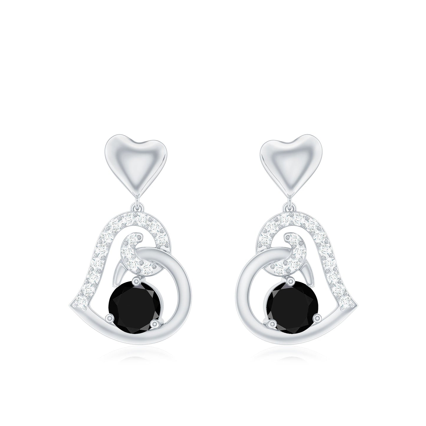 Genuine Black Onyx Heart Drop Earrings with Diamond