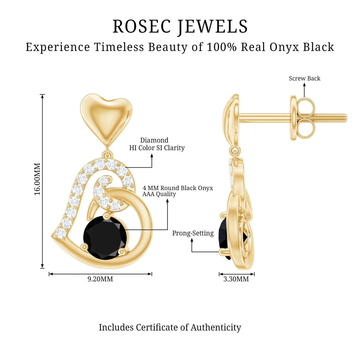 Genuine Black Onyx Heart Drop Earrings with Diamond