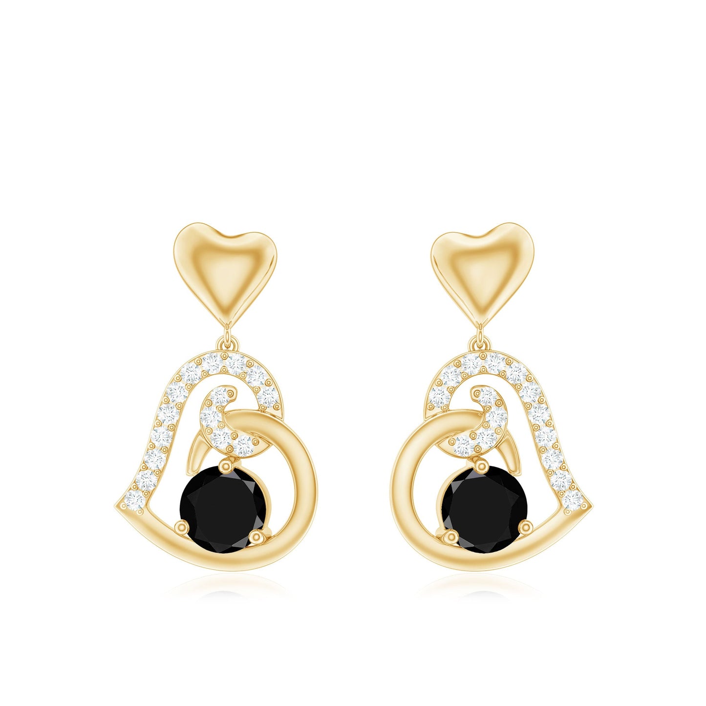 Genuine Black Onyx Heart Drop Earrings with Diamond