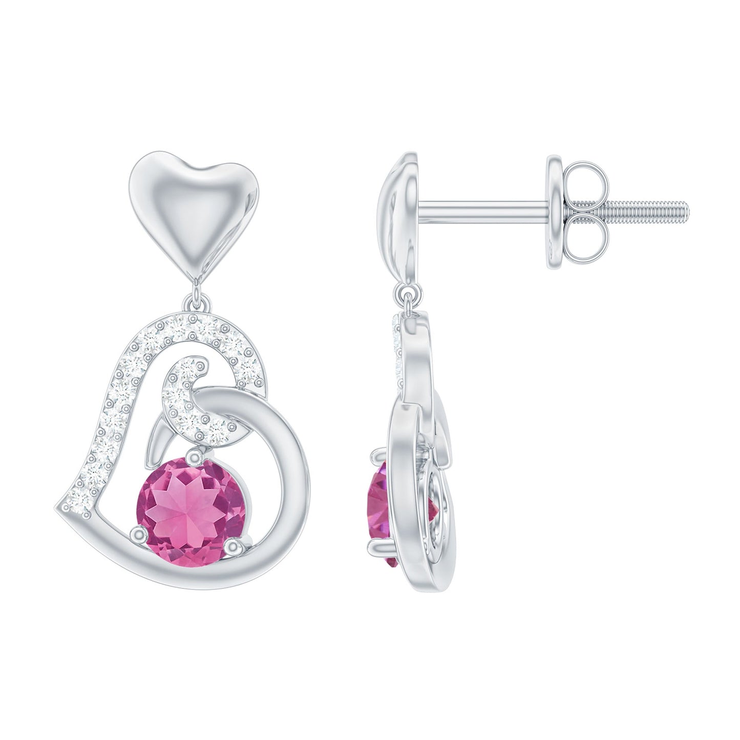 Real Pink Tourmaline and Diamond Heart Drop Earrings
