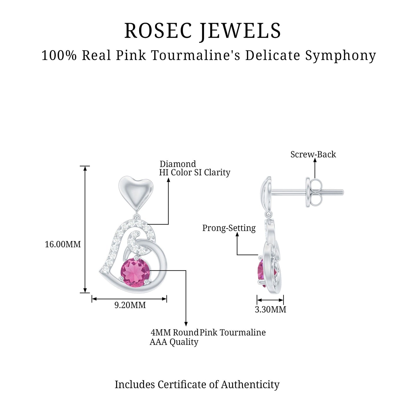 Real Pink Tourmaline and Diamond Heart Drop Earrings