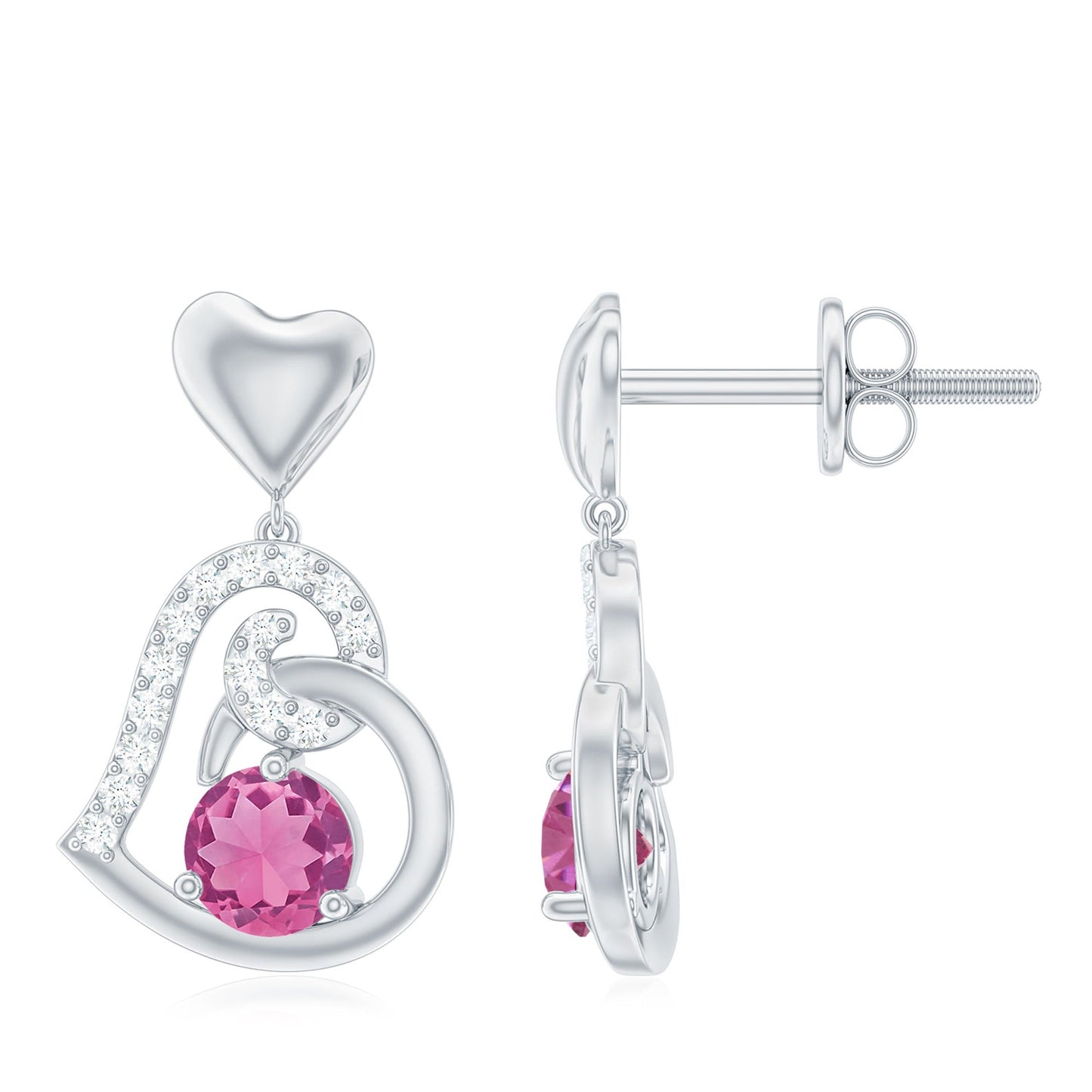 Real Pink Tourmaline and Diamond Heart Drop Earrings