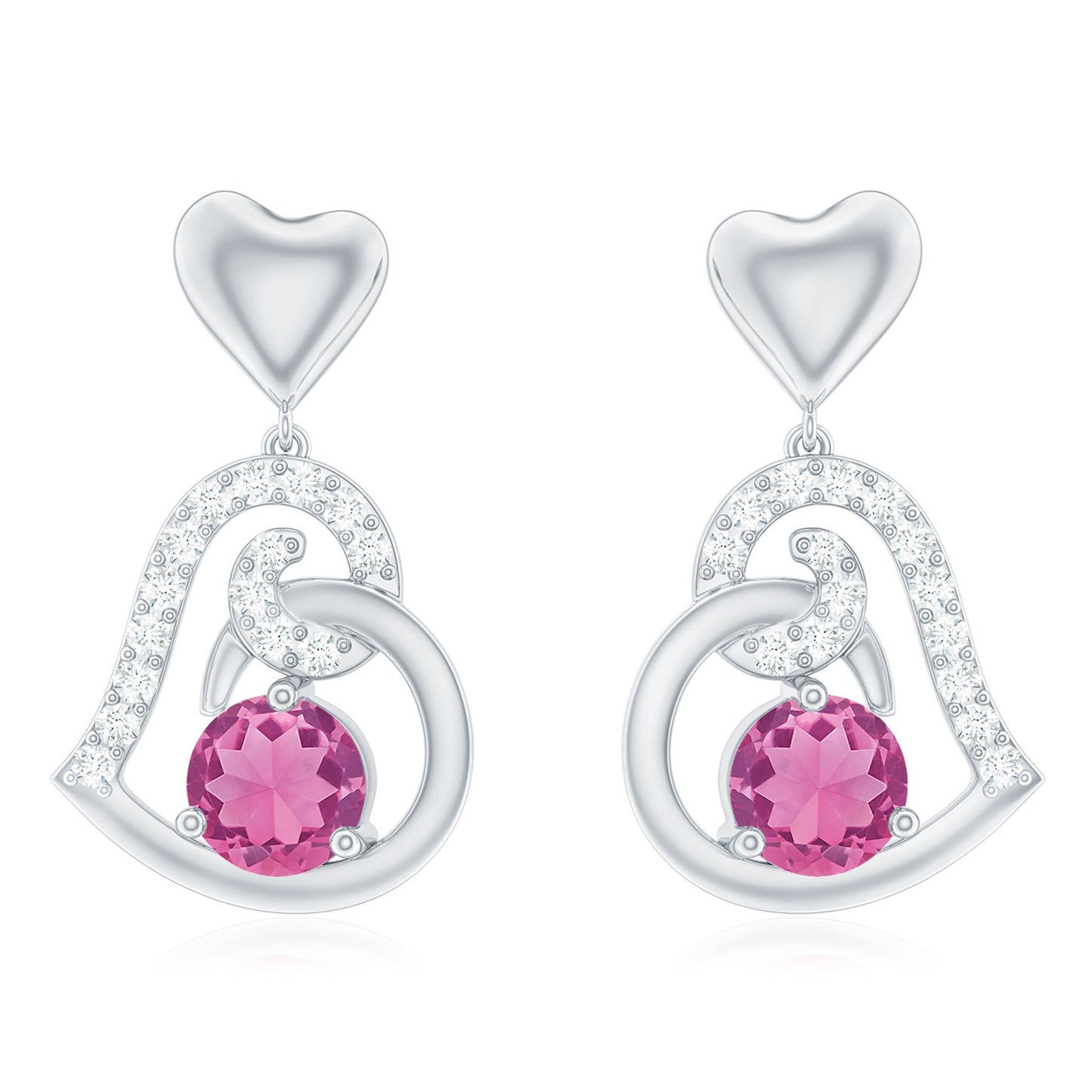 Real Pink Tourmaline and Diamond Heart Drop Earrings
