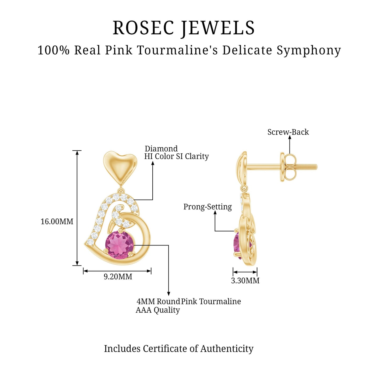 Real Pink Tourmaline and Diamond Heart Drop Earrings