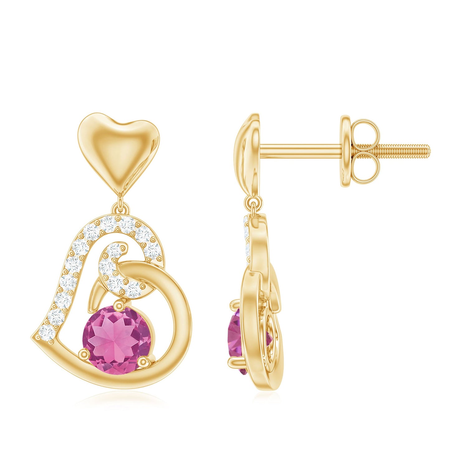 Real Pink Tourmaline and Diamond Heart Drop Earrings