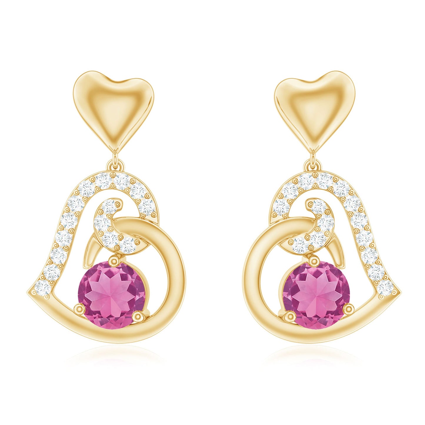Real Pink Tourmaline and Diamond Heart Drop Earrings