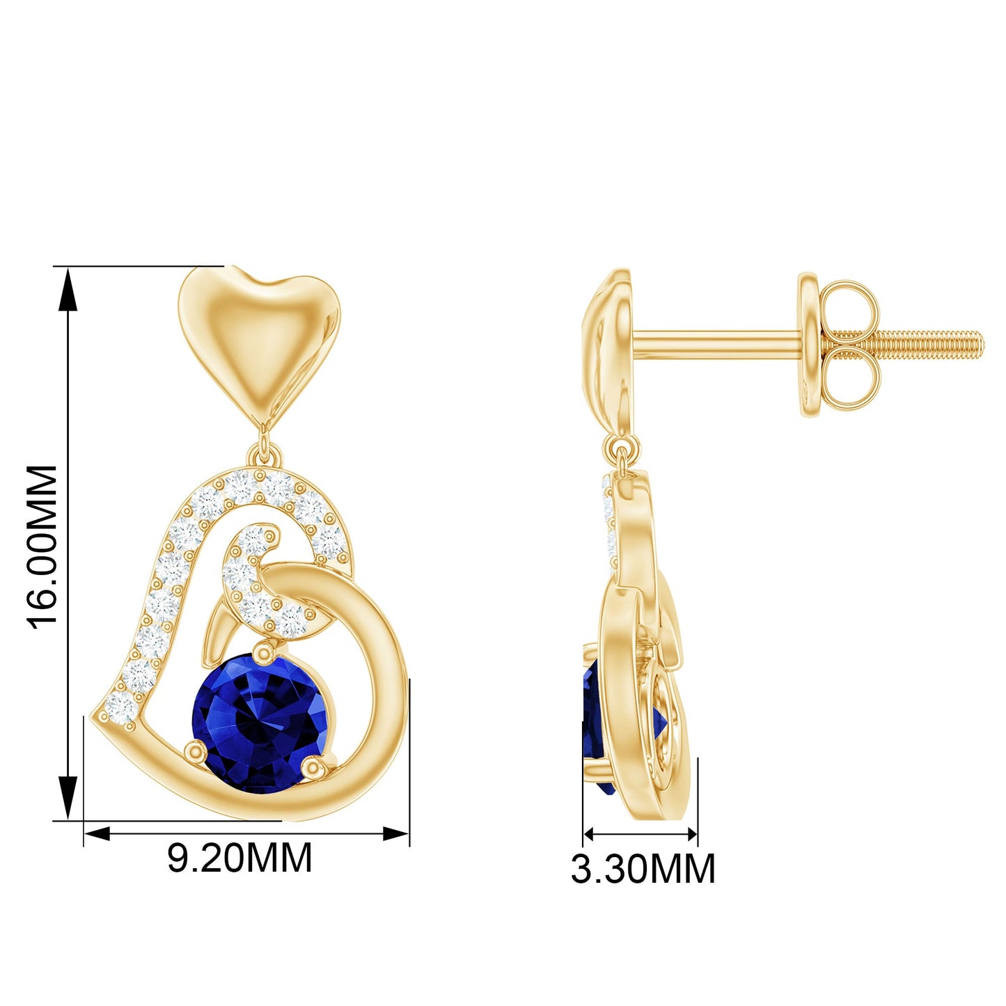 Created Blue Sapphire and Diamond Heart Drop Earrings