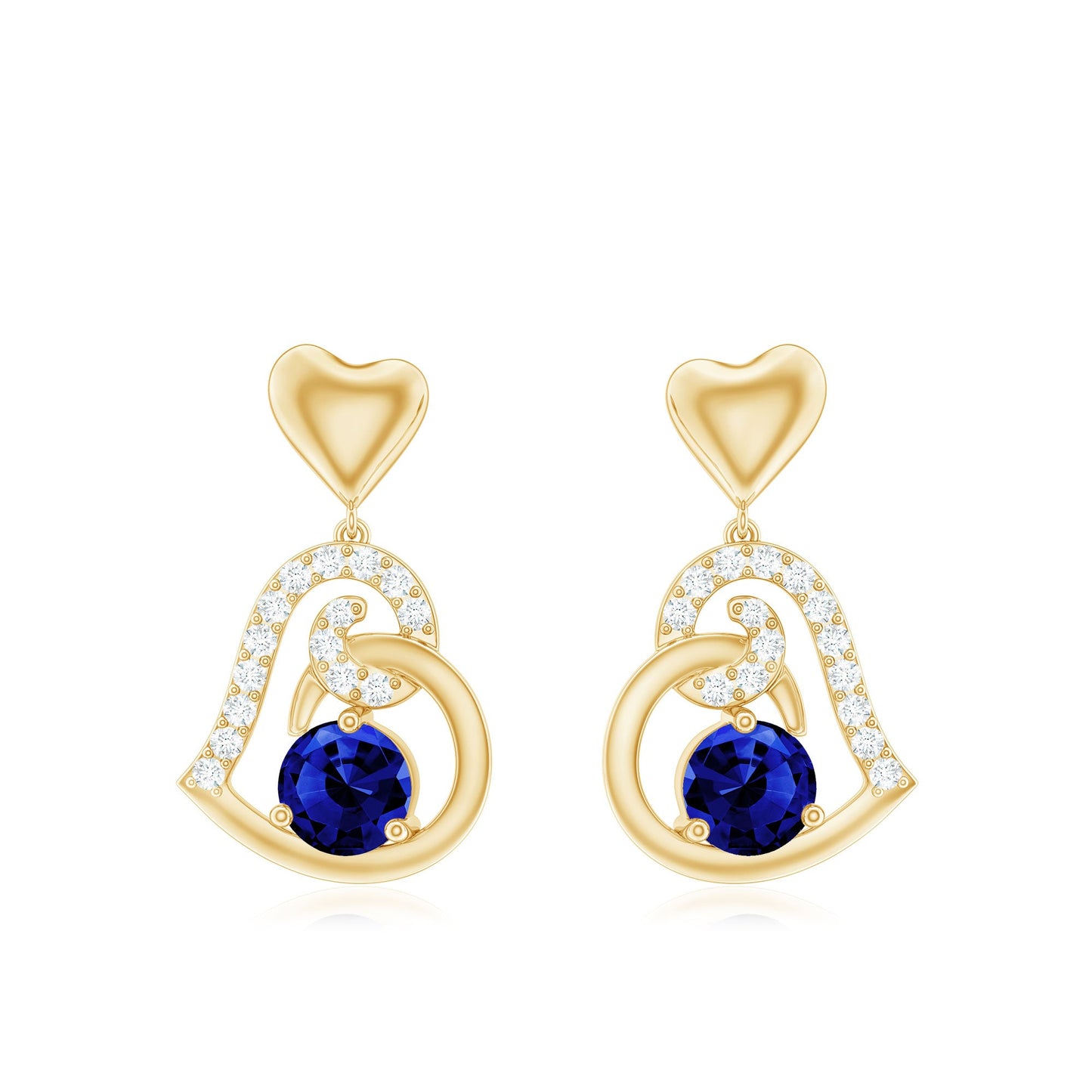Created Blue Sapphire and Diamond Heart Drop Earrings
