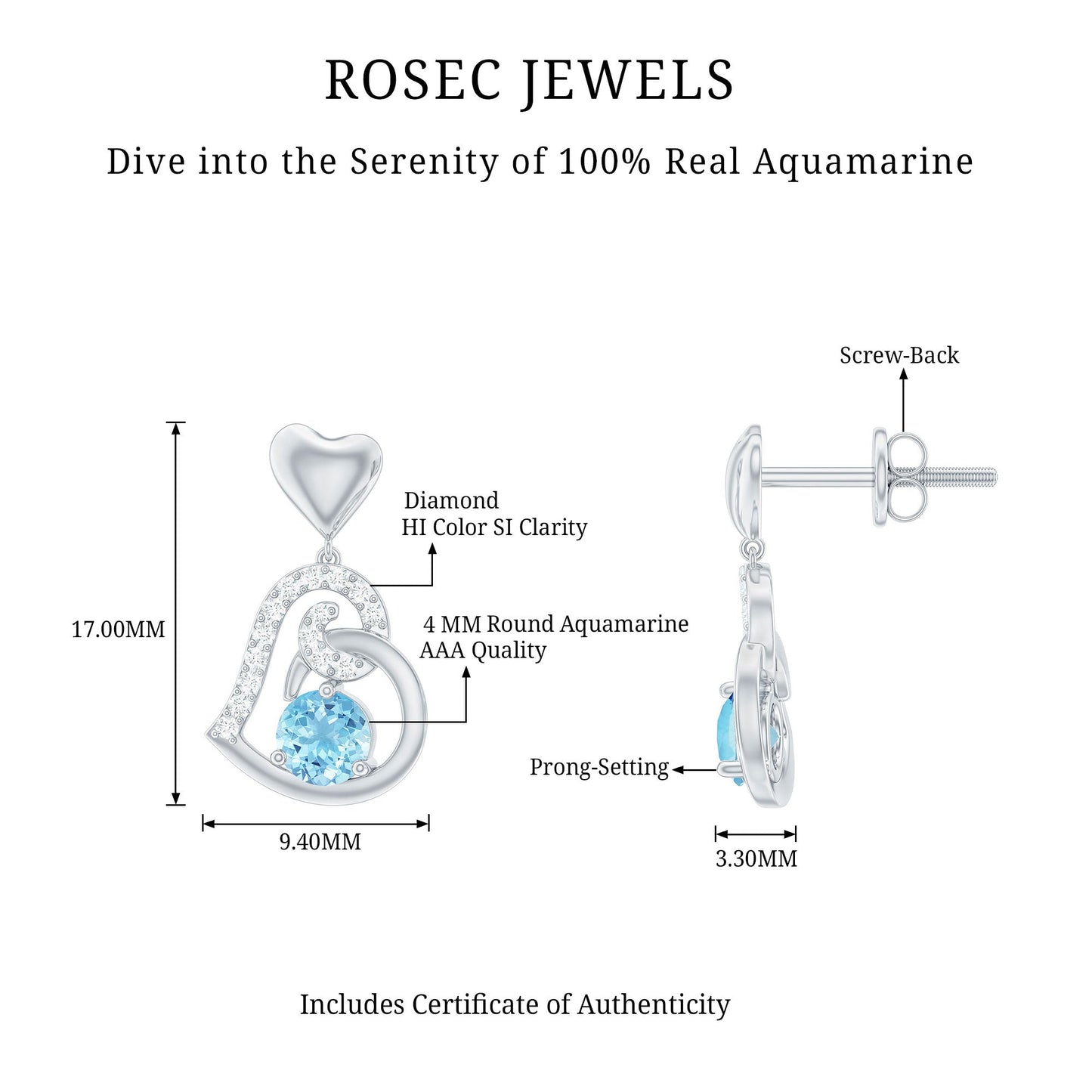 Natural Aquamarine Heart Drop Earrings with Diamond