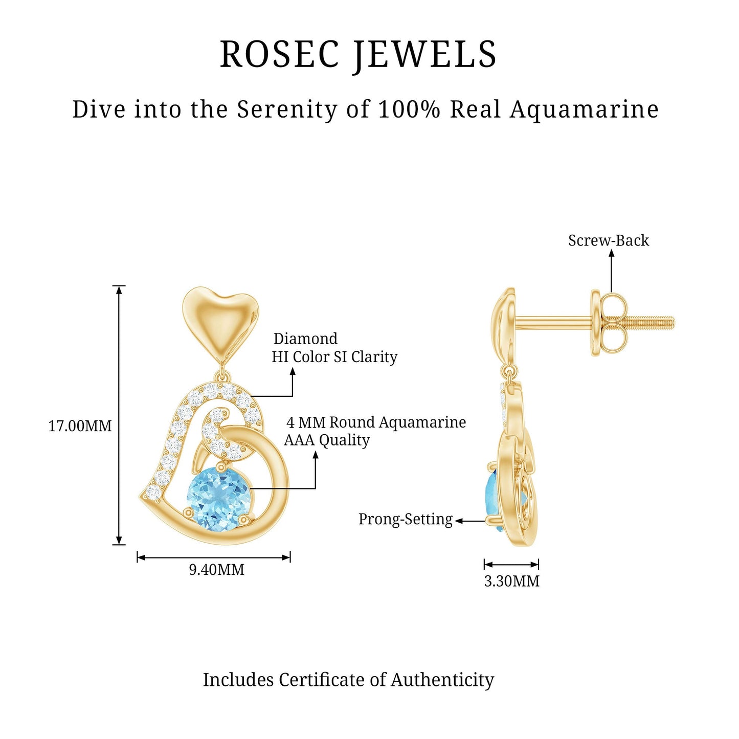 Natural Aquamarine Heart Drop Earrings with Diamond