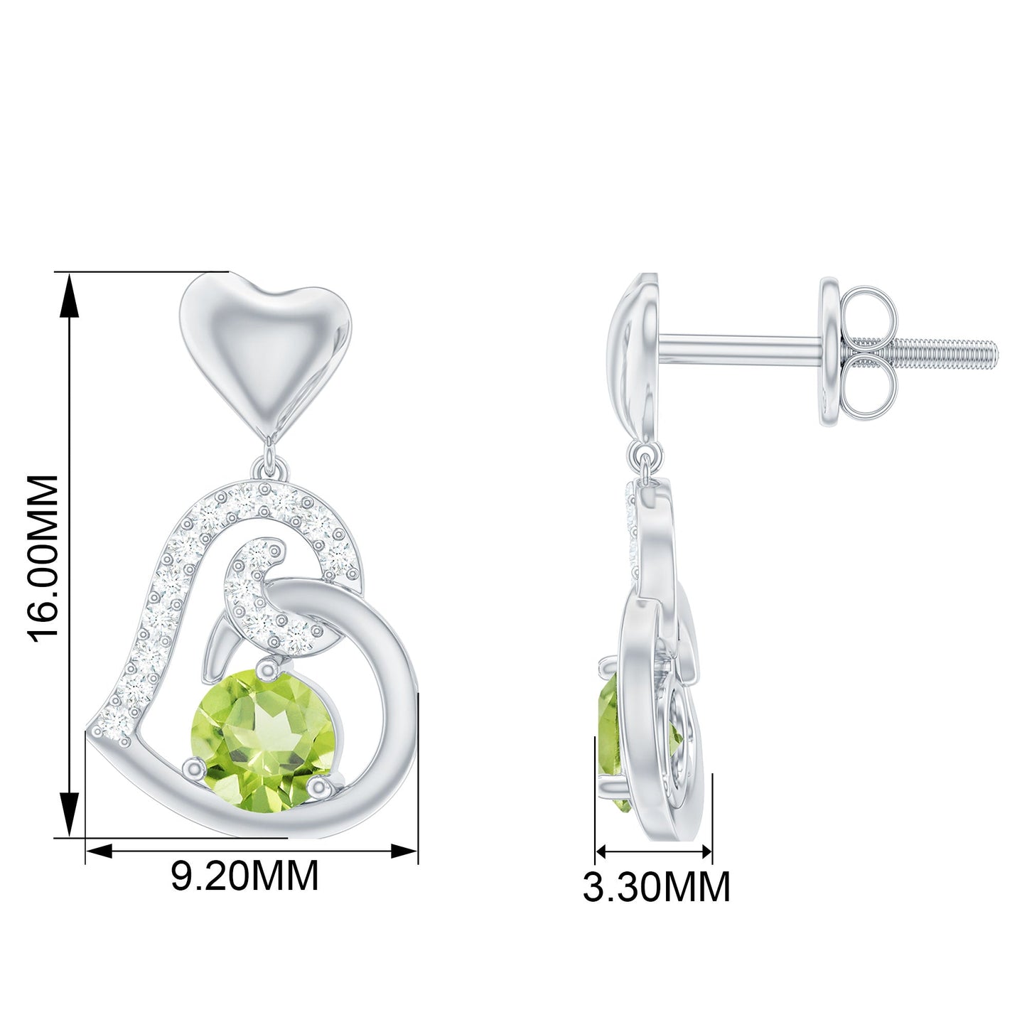 Solitaire Peridot Heart Drop Earrings with Diamond Accent