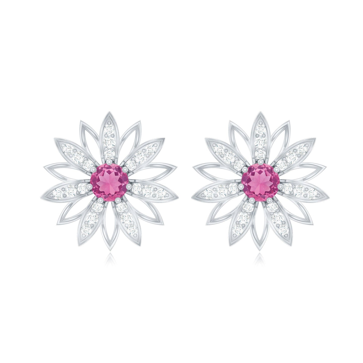 Round Pink Tourmaline Flower Stud Earrings with Diamond