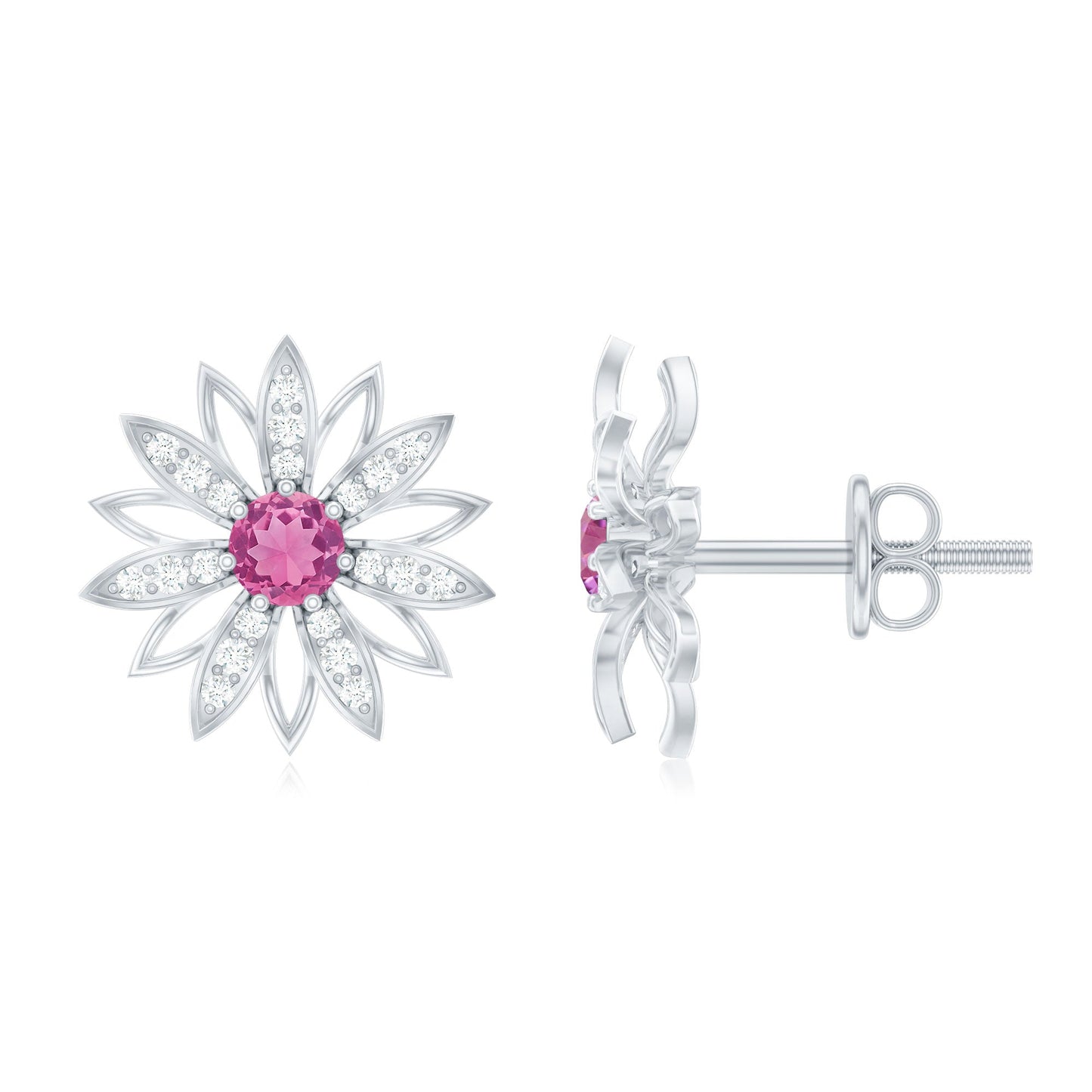 Round Pink Tourmaline Flower Stud Earrings with Diamond