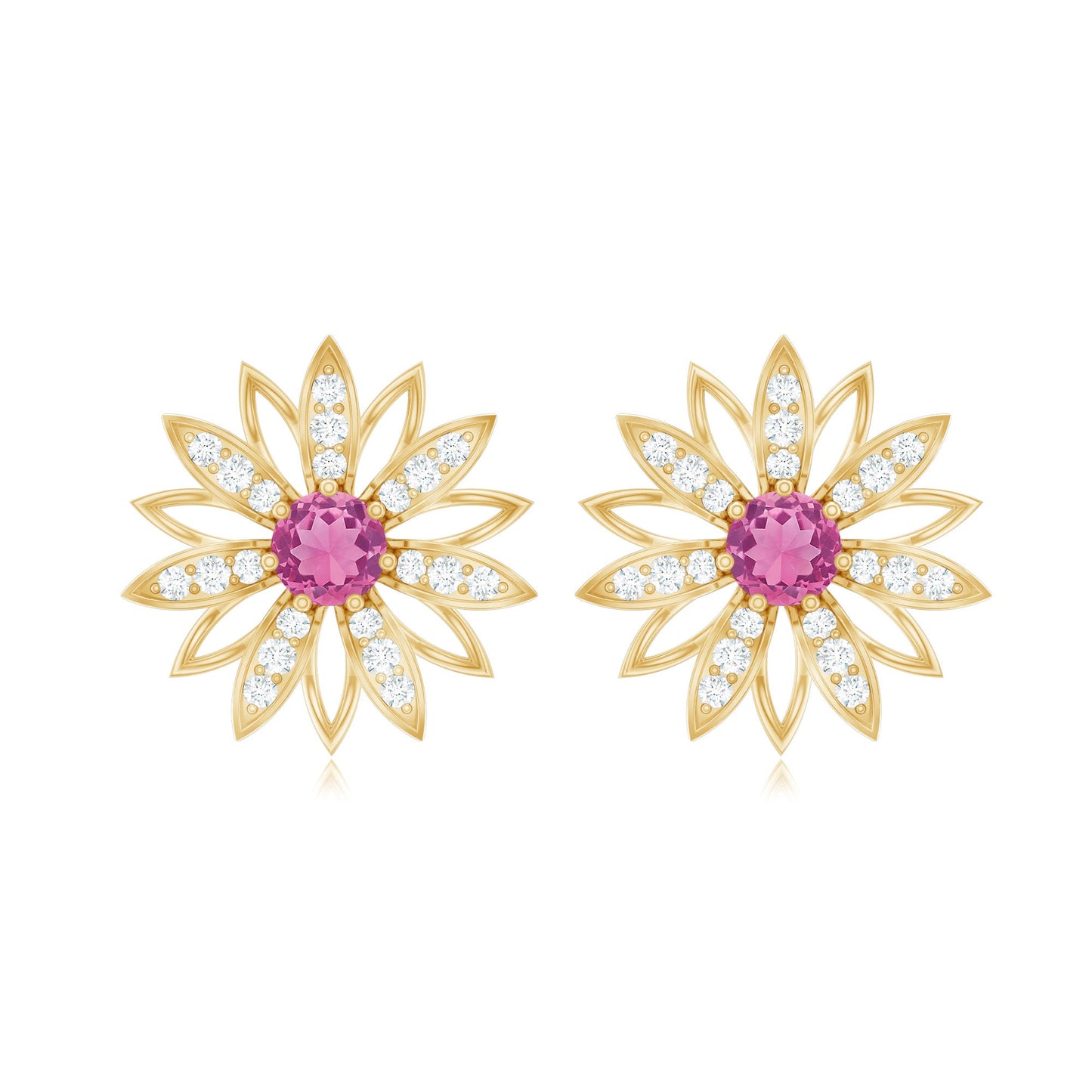 Round Pink Tourmaline Flower Stud Earrings with Diamond
