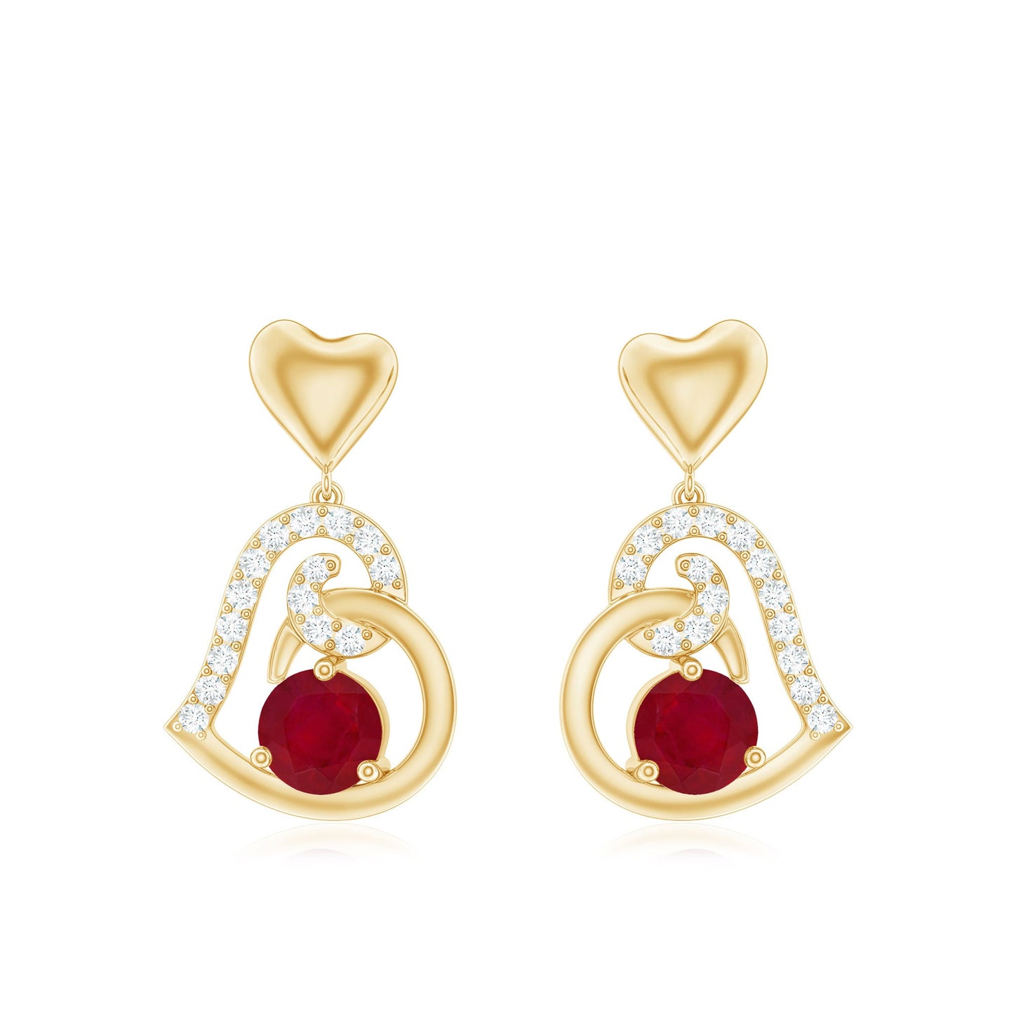 Round Ruby Heart Drop Earring with Diamond Accent