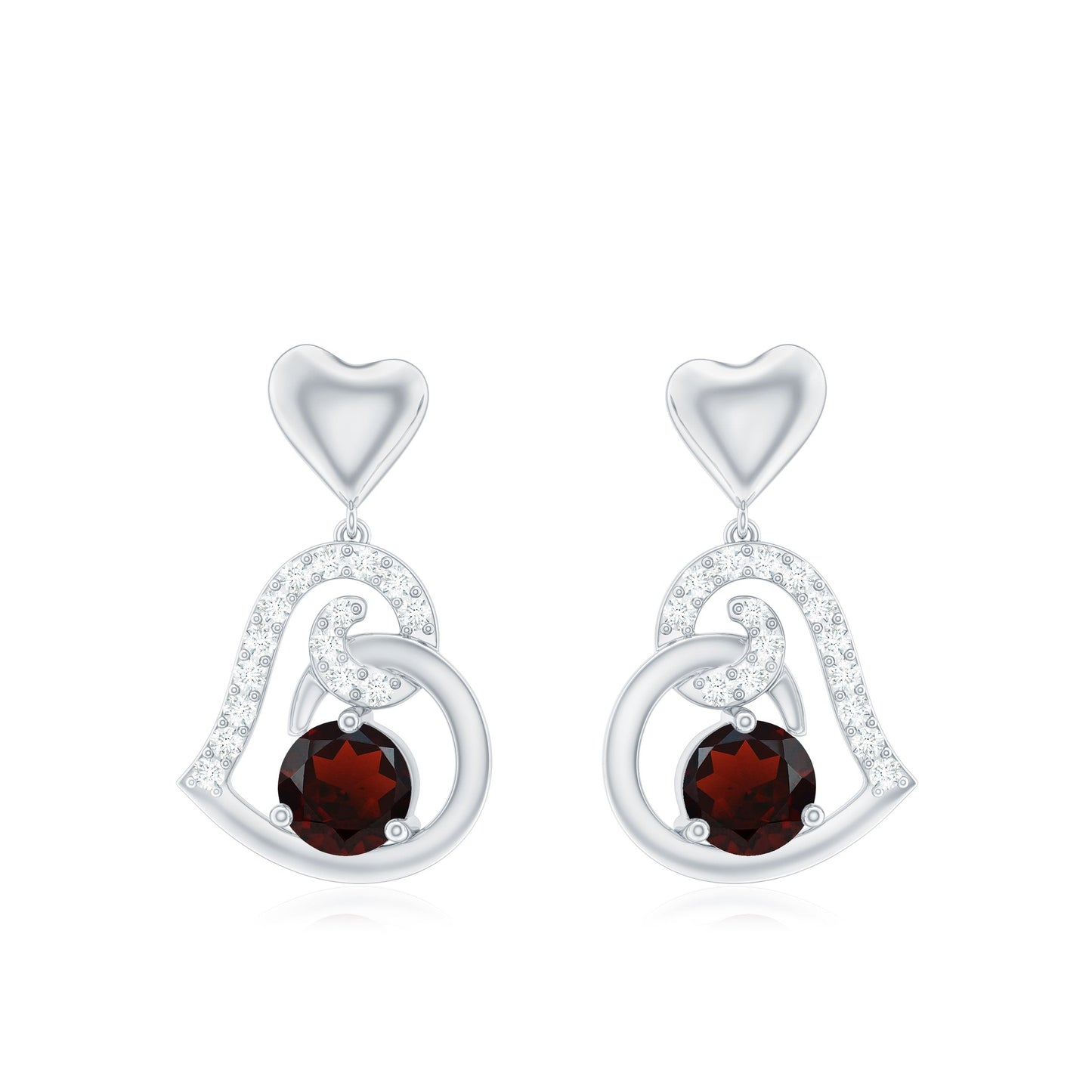 Garnet Heart Drop Earrings with Diamond Accent