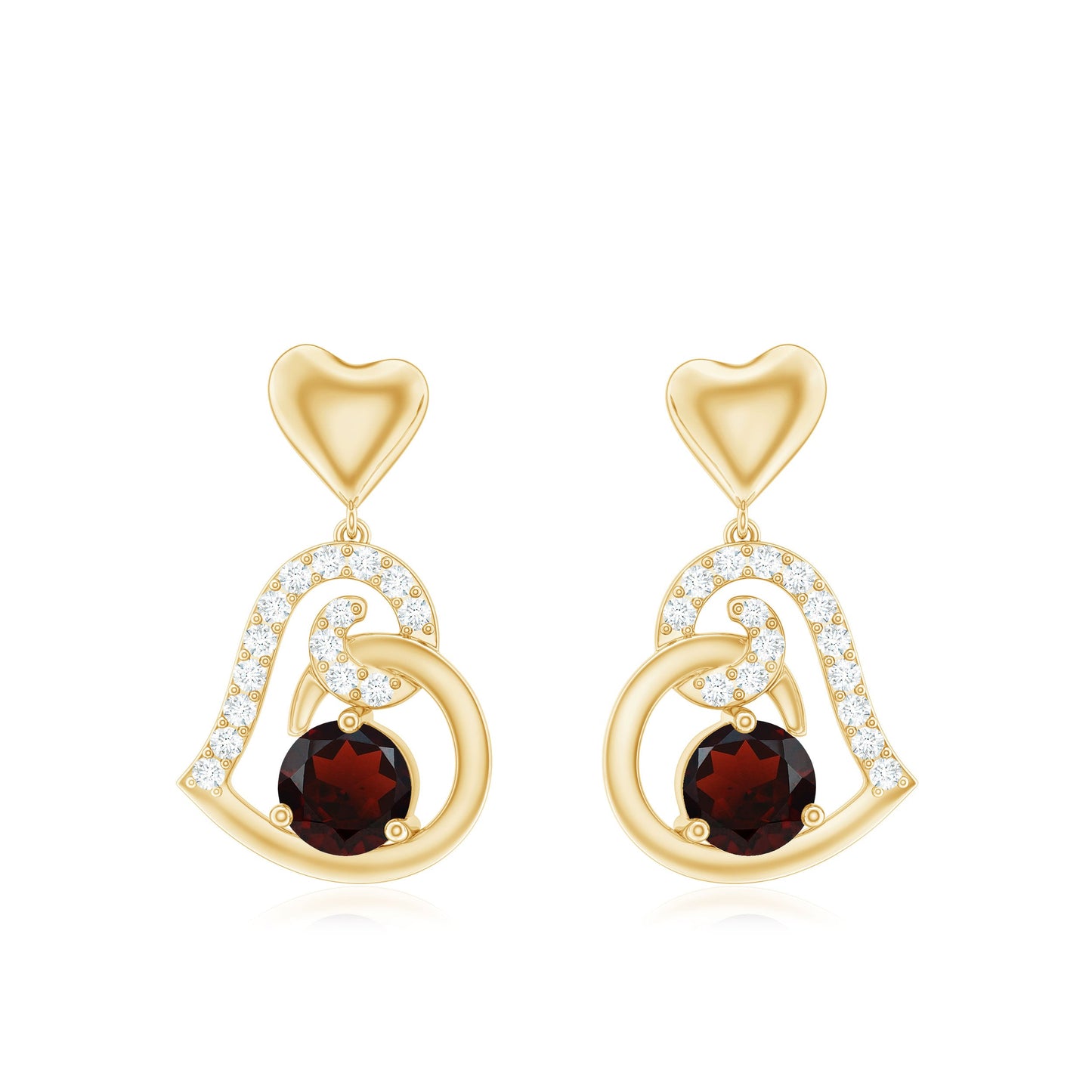 Garnet Heart Drop Earrings with Diamond Accent