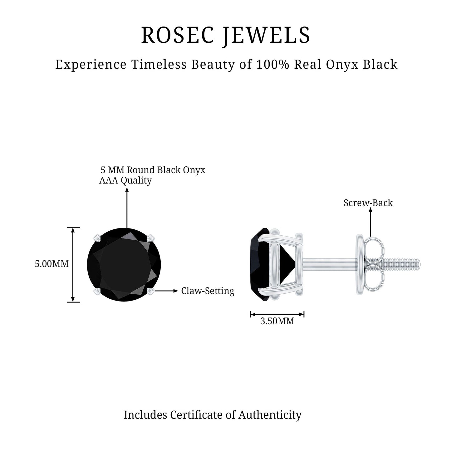 Natural Black Onyx Stud Earrings for Everyday