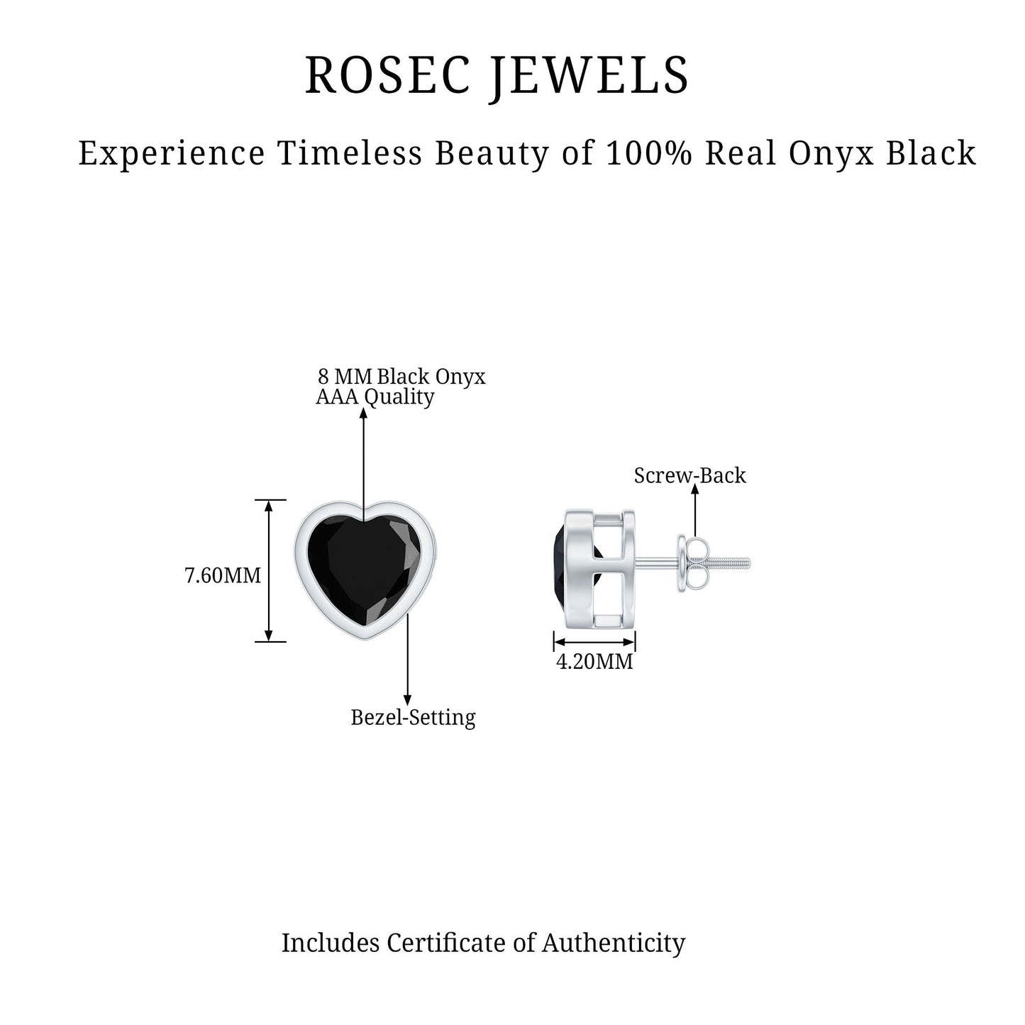 Bezel Set Black Onyx Heart Stud Earring