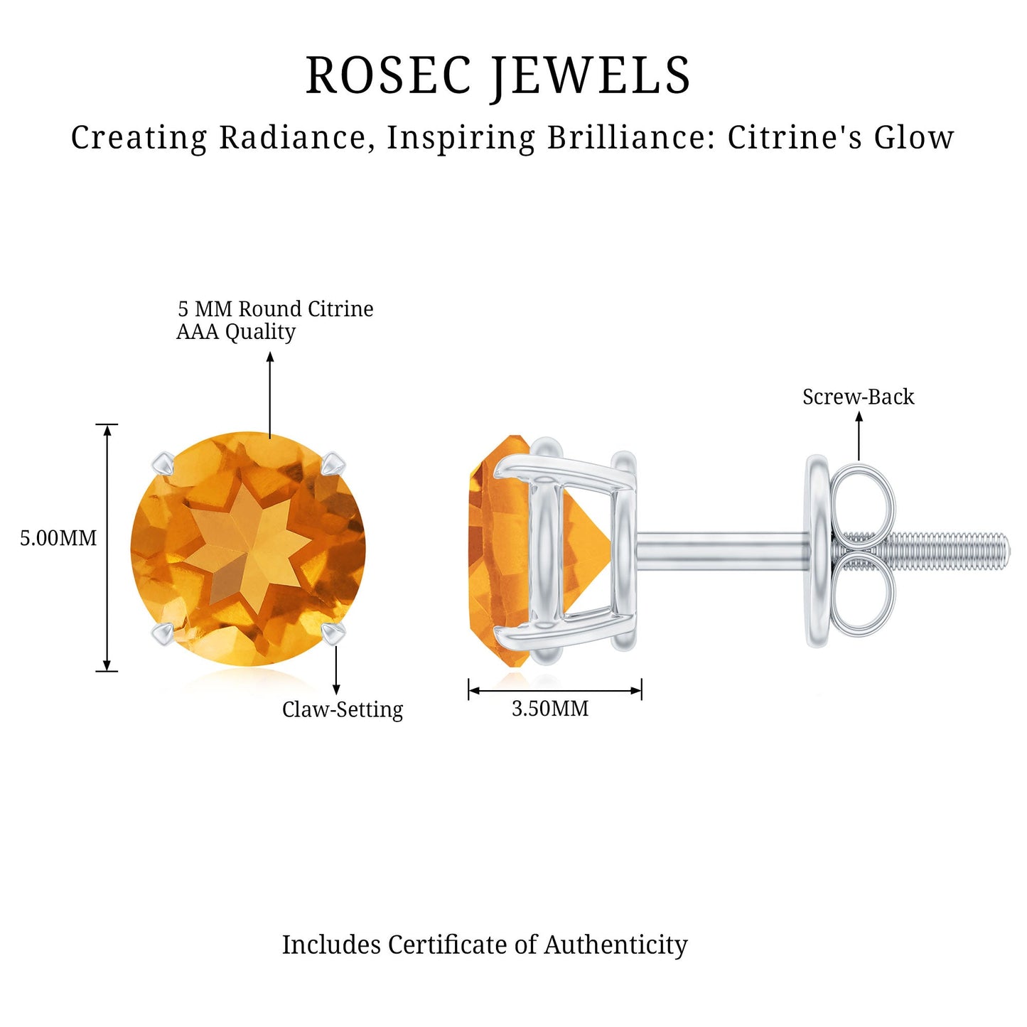 1 CT Round Cut Citrine Solitaire Stud Earrings with Certificate