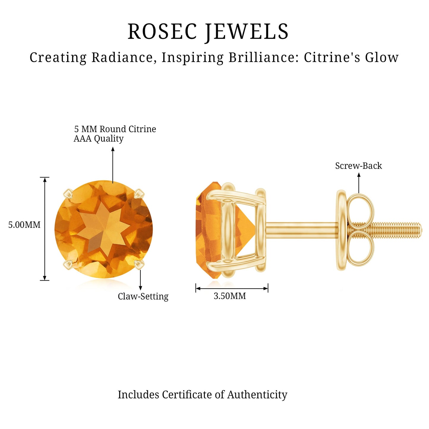 1 CT Round Cut Citrine Solitaire Stud Earrings with Certificate