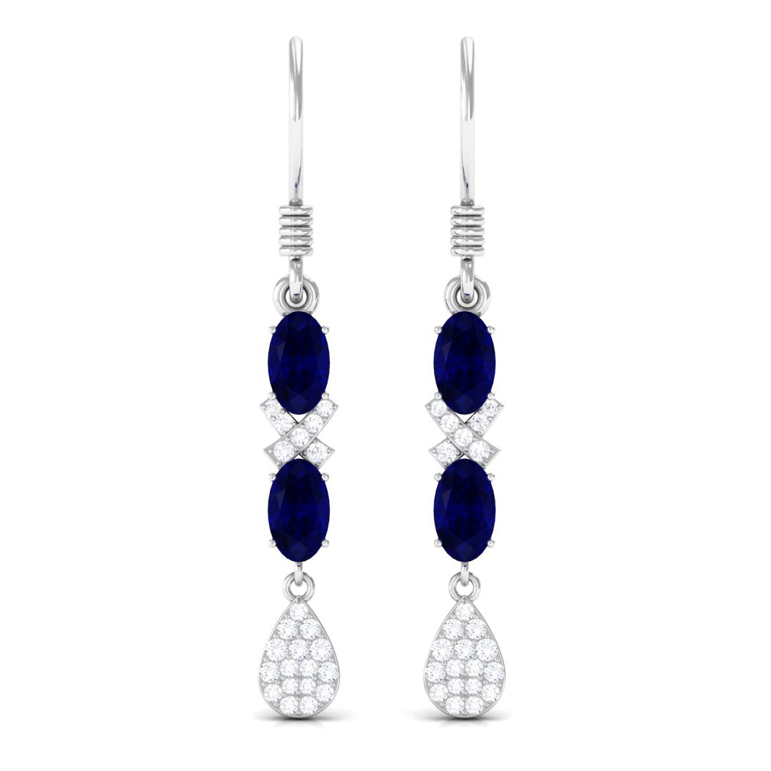 2 CT Oval Cut Blue Sapphire and Diamond Dangle Earrings