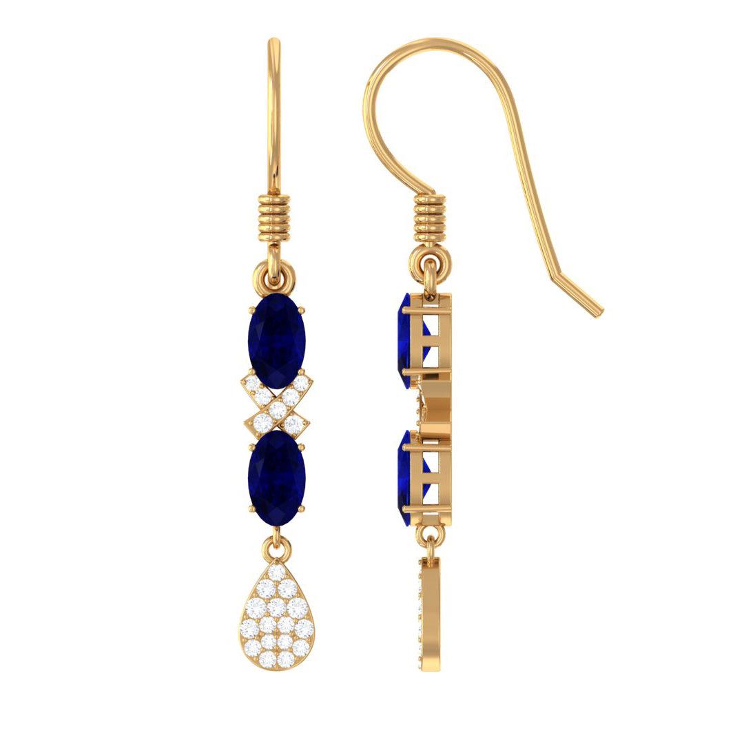 2 CT Oval Cut Blue Sapphire and Diamond Dangle Earrings