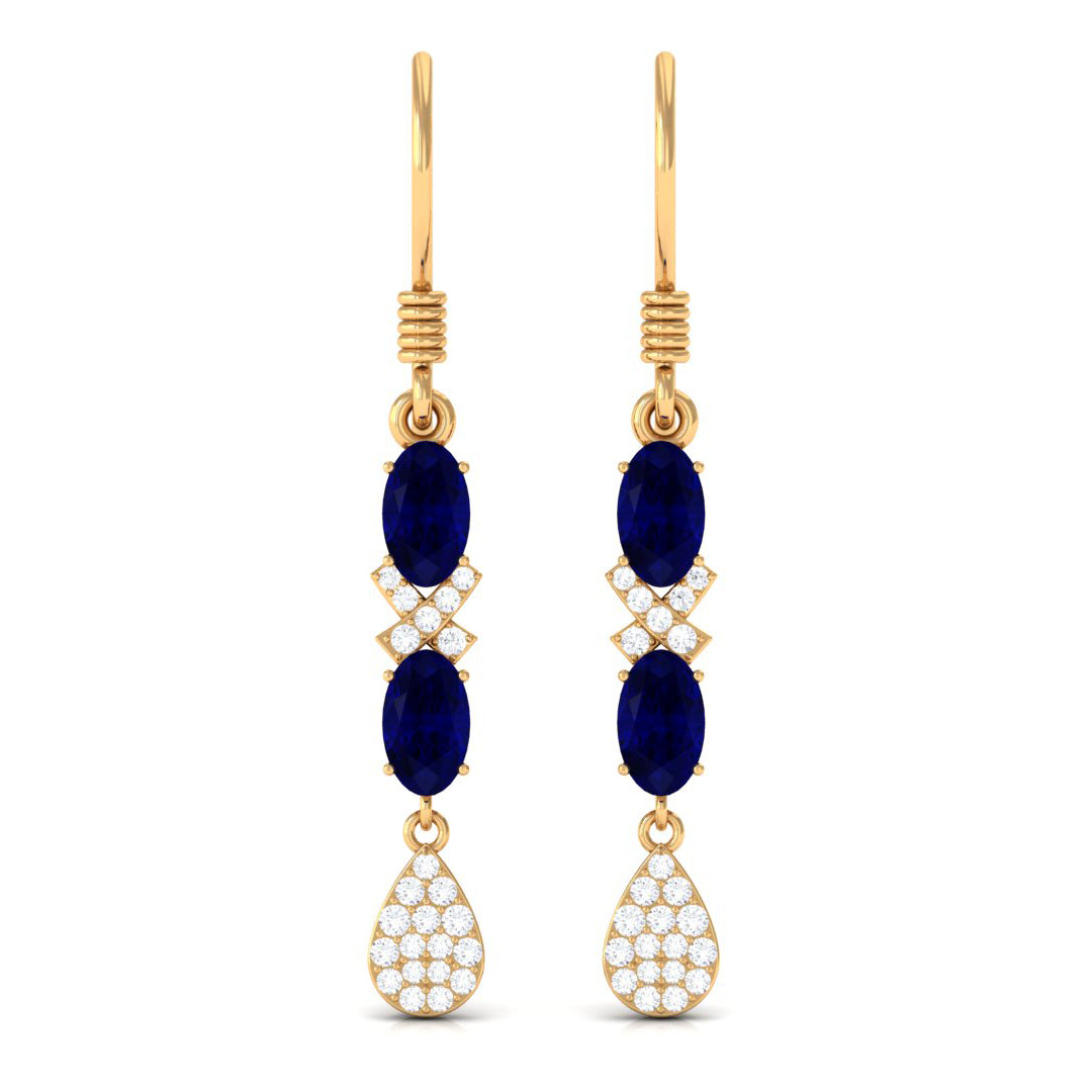 2 CT Oval Cut Blue Sapphire and Diamond Dangle Earrings