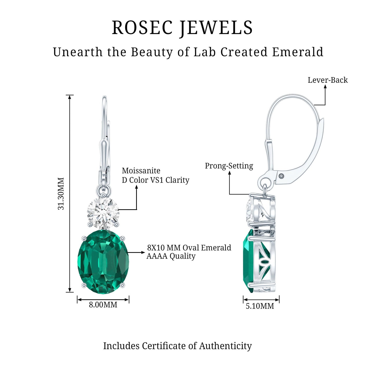 Lab Grown Emerald Oval Drop Earrings With Moissanite