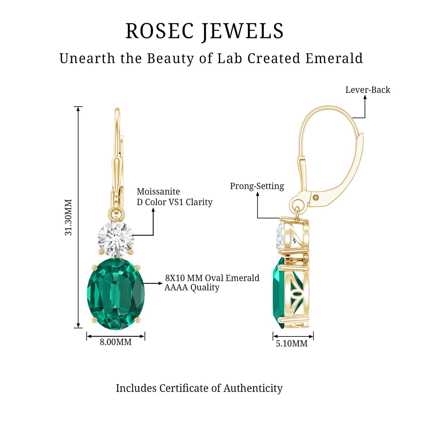 Lab Grown Emerald Oval Drop Earrings With Moissanite