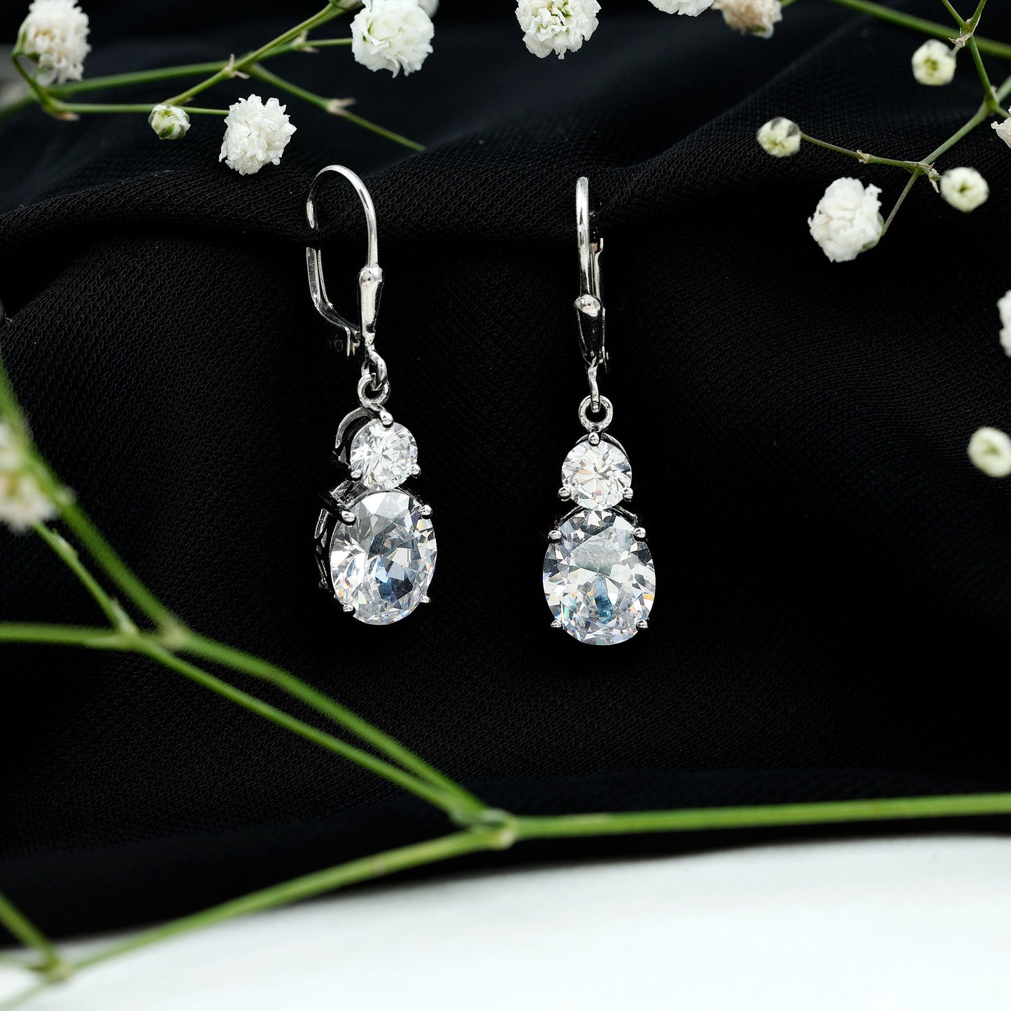 Minimal Zircon 2 Stone Drop Earrings with Lever Back