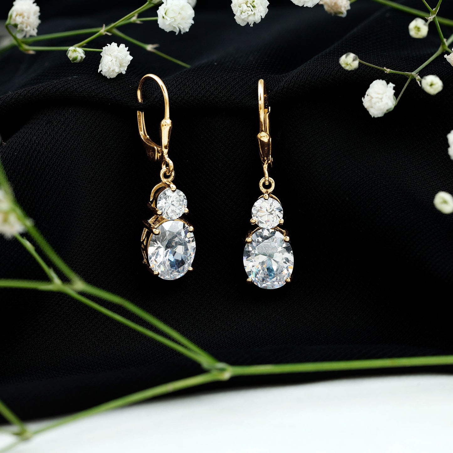 Minimal Zircon 2 Stone Drop Earrings with Lever Back