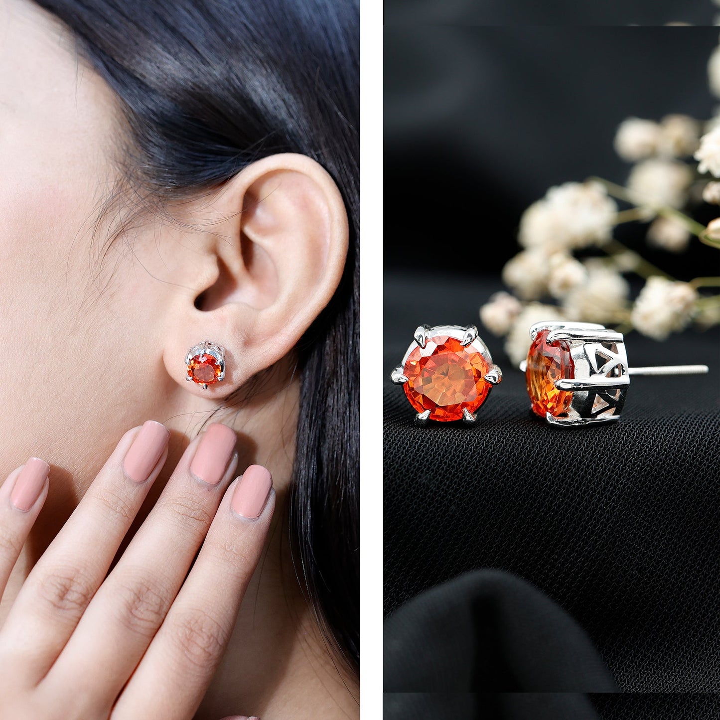 6 Claw Set Round Created Orange Sapphire Solitaire Stud Earrings